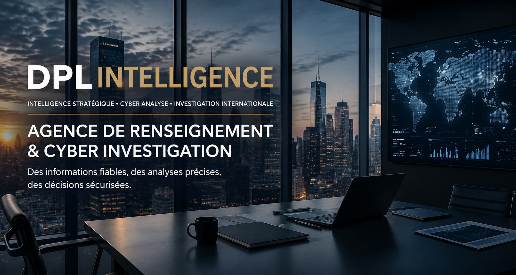 Agence de renseignement et cyber investigation – bureau stratégique avec analyse de données et carte mondiale.